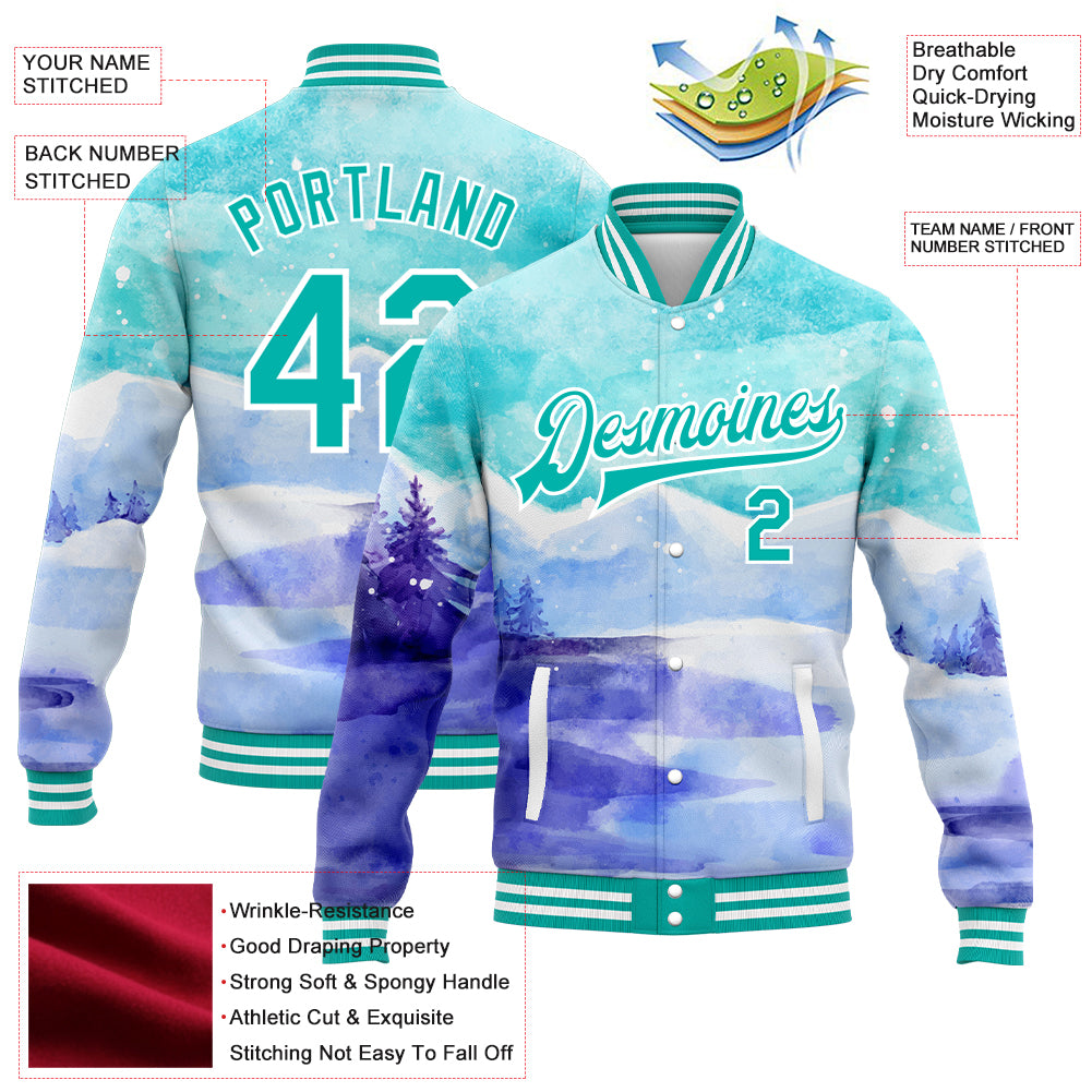 Custom aqua white winter landscape bomber jacket with watercolor snowy mountains and trees 3D pattern design, full-snap varsity letterman style with free shipping0