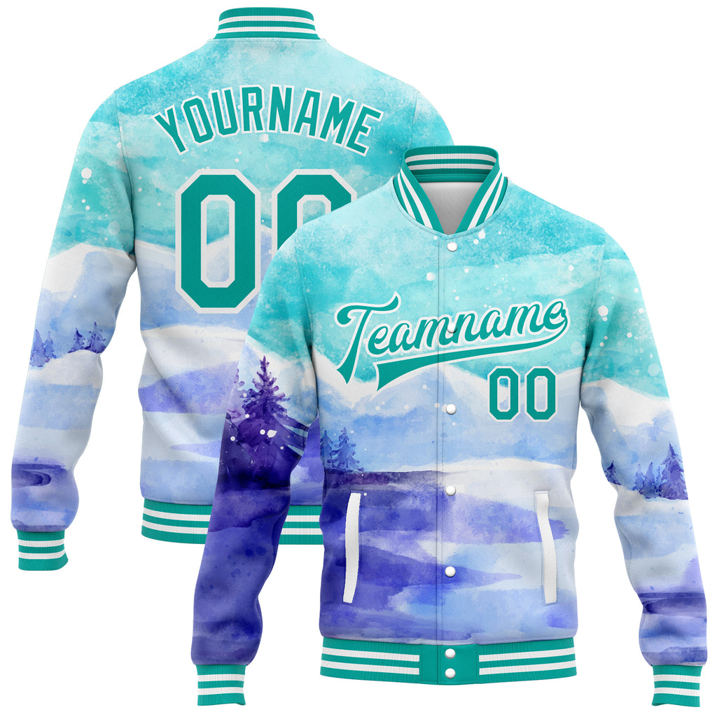 Custom aqua white winter landscape bomber jacket with watercolor snowy mountains and trees 3D pattern design, full-snap varsity letterman style with free shipping1