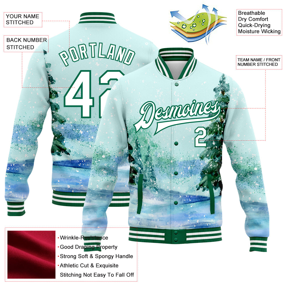 Custom aqua, white, and kelly green watercolor winter landscape with snowy trees 3D pattern design on a bomber full-snap varsity letterman jacket with free shipping2