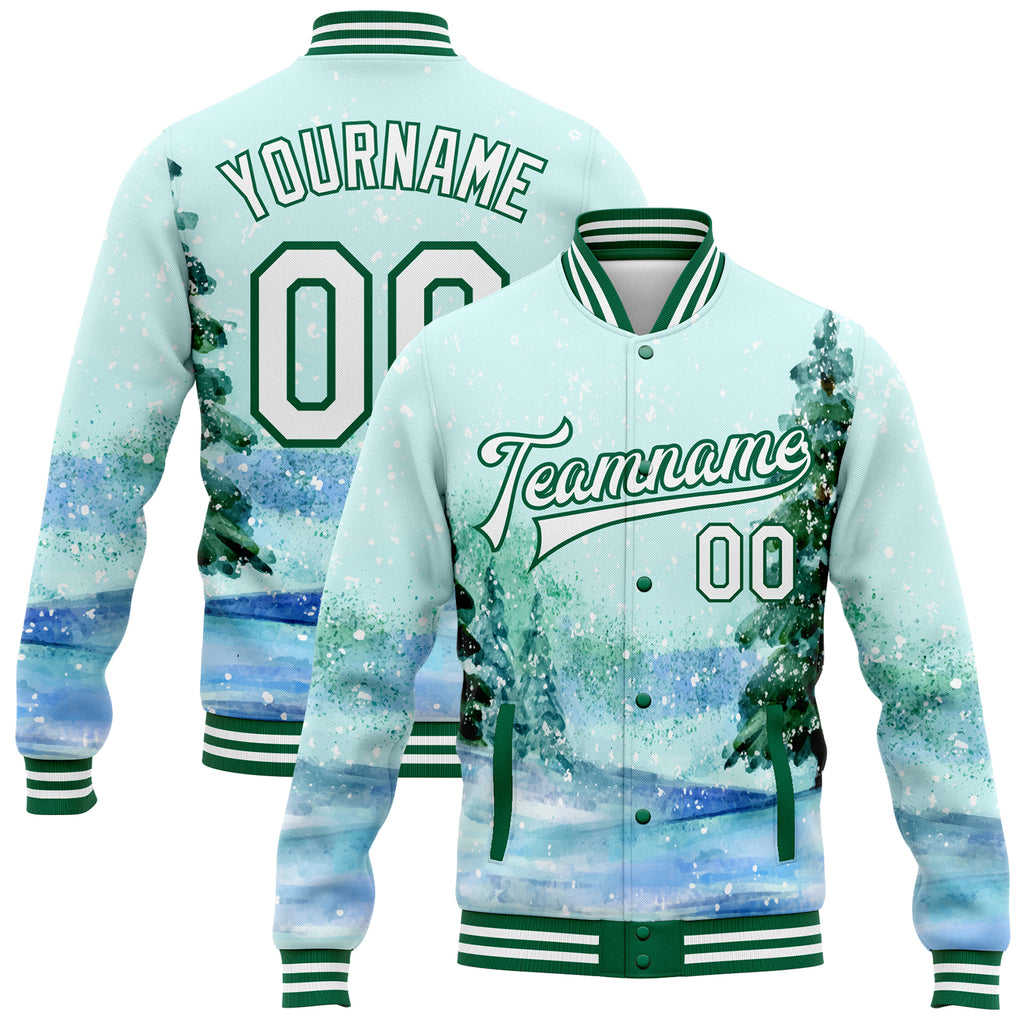 Custom aqua, white, and kelly green watercolor winter landscape with snowy trees 3D pattern design on a bomber full-snap varsity letterman jacket with free shipping1