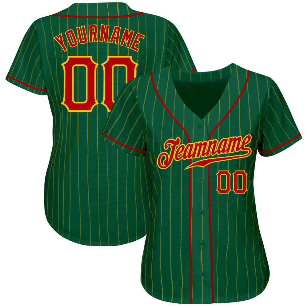 Custom Kelly Green Gold Pinstripe Red-Gold Authentic Baseball Jersey