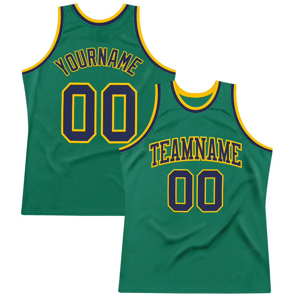 Custom Kelly Green Navy-Gold Authentic Throwback Basketball Jersey