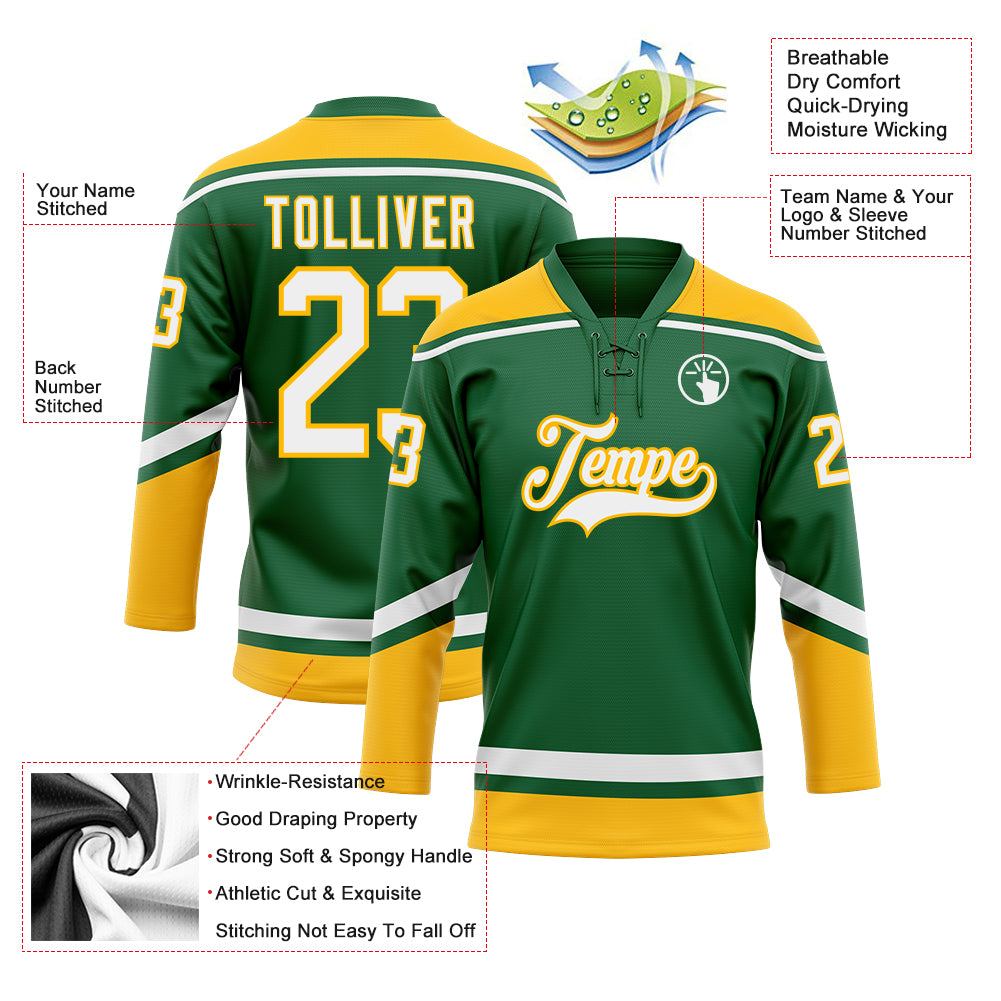 Custom Kelly Green White-Gold Hockey Lace Neck Jersey