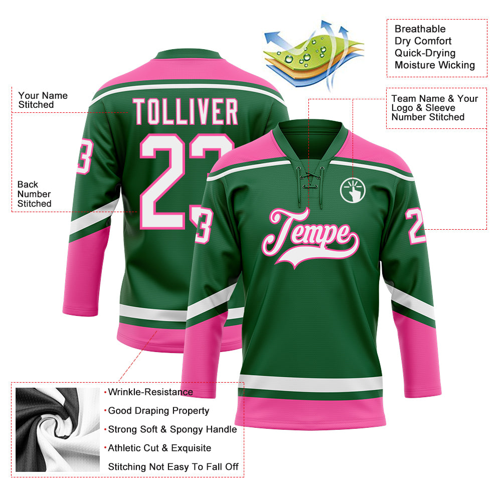 Custom Kelly Green White-Pink Hockey Lace Neck Jersey