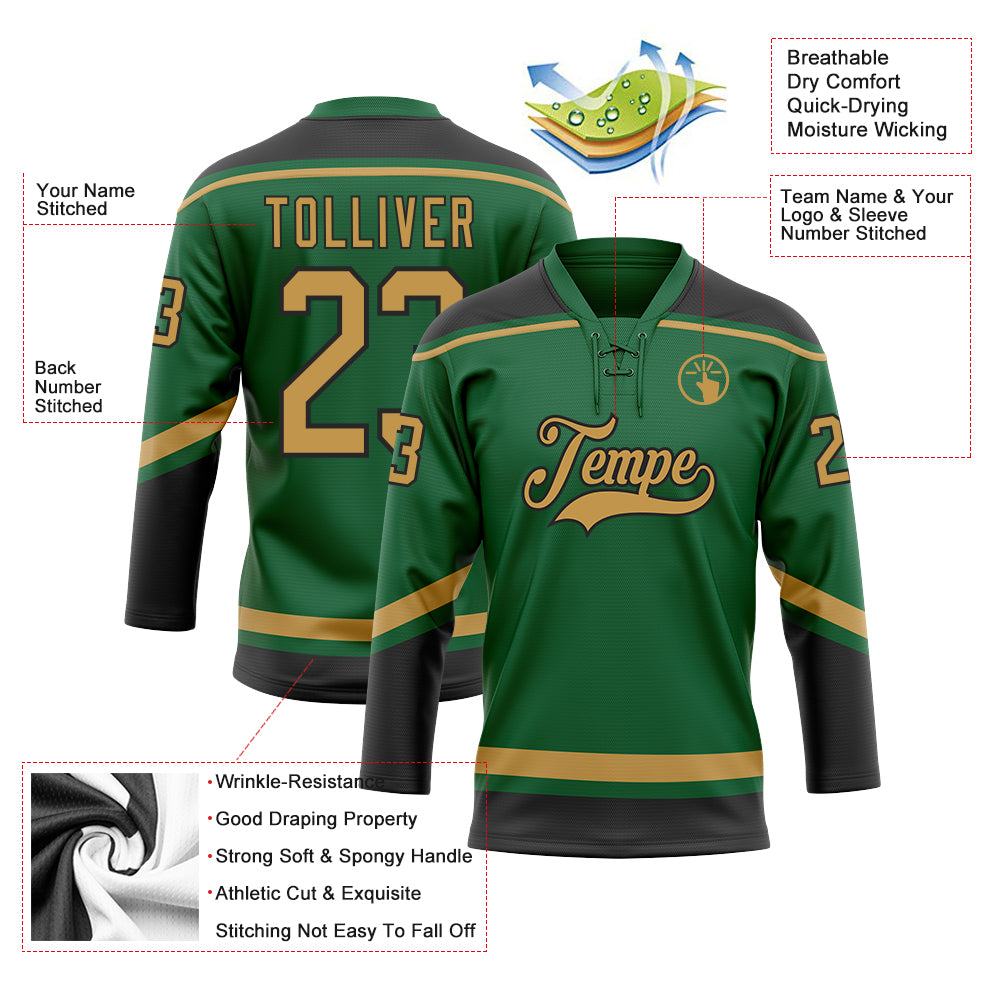 Custom Kelly Green Old Gold-Black Hockey Lace Neck Jersey