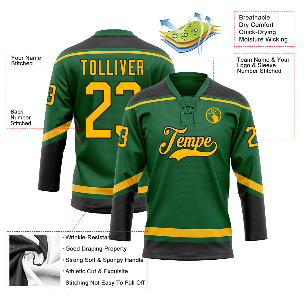 Custom Kelly Green Gold-Black Hockey Lace Neck Jersey