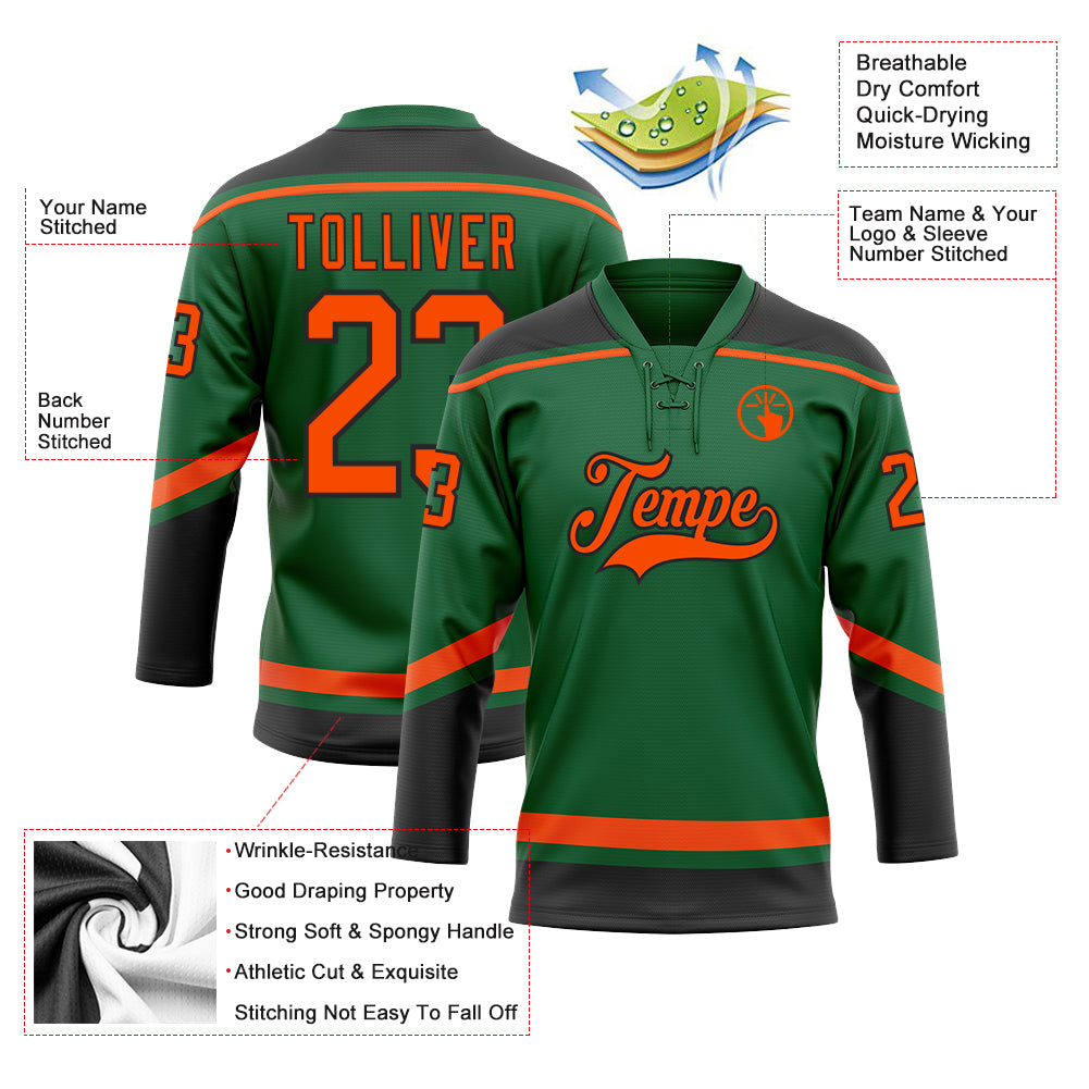 Custom Kelly Green Orange-Black Hockey Lace Neck Jersey