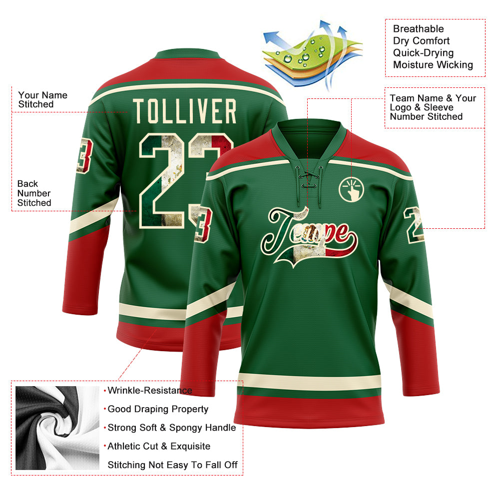 Custom Kelly Green Vintage Mexican Flag Cream-Red Hockey Lace Neck Jersey