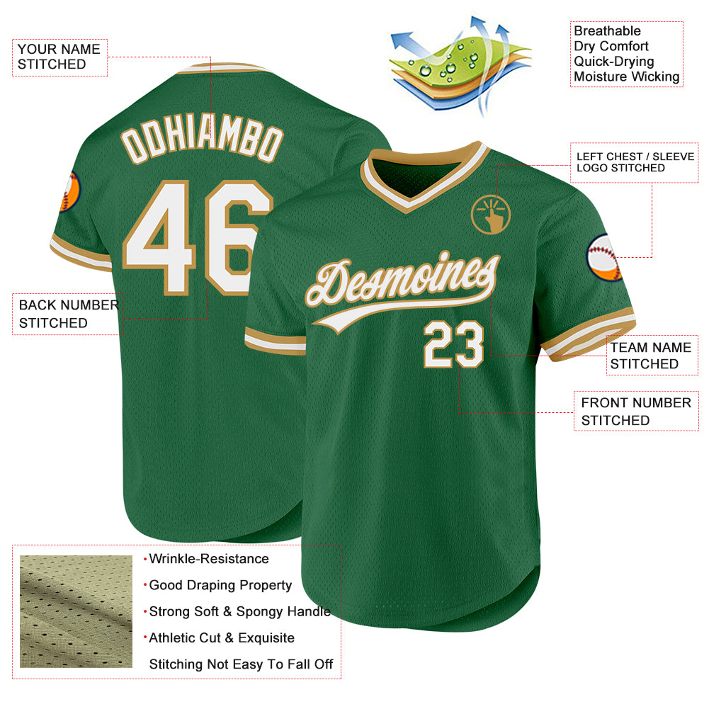 Custom Kelly Green White-Old Gold Authentic Throwback Baseball Jersey