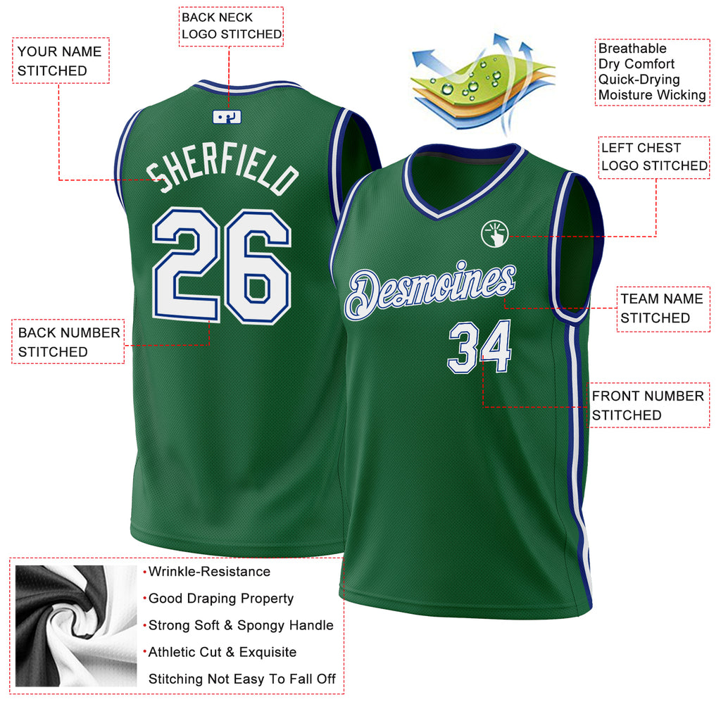 Custom Kelly Green White-Royal Authentic Throwback Basketball Jersey