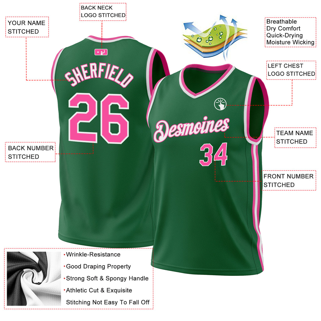 Custom Kelly Green Pink-White Authentic Throwback Basketball Jersey