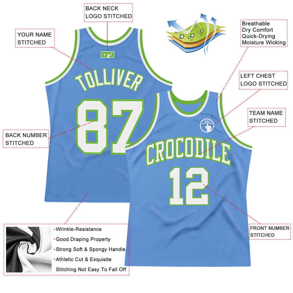 Custom Light Blue White-Neon Green Authentic Throwback Basketball Jersey