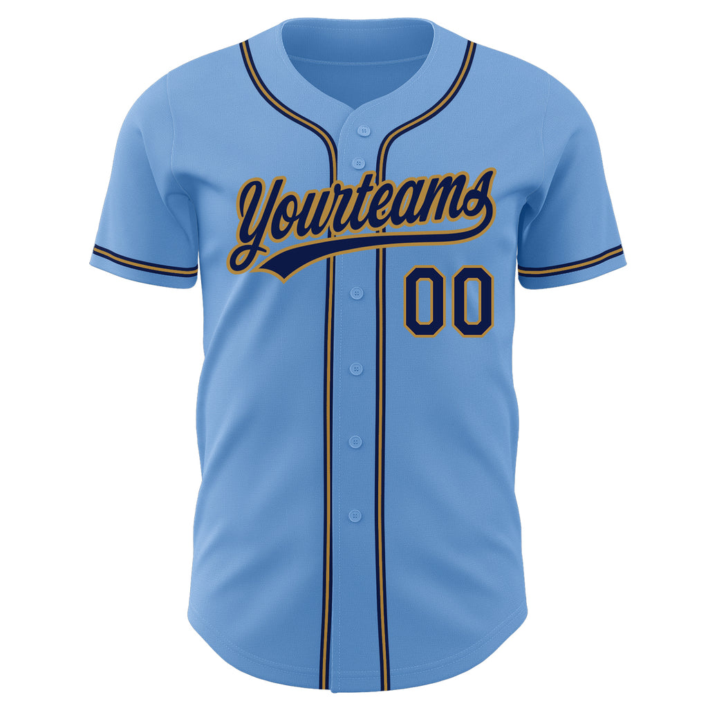 Custom Light Blue Navy-Old Gold Authentic Baseball Jersey