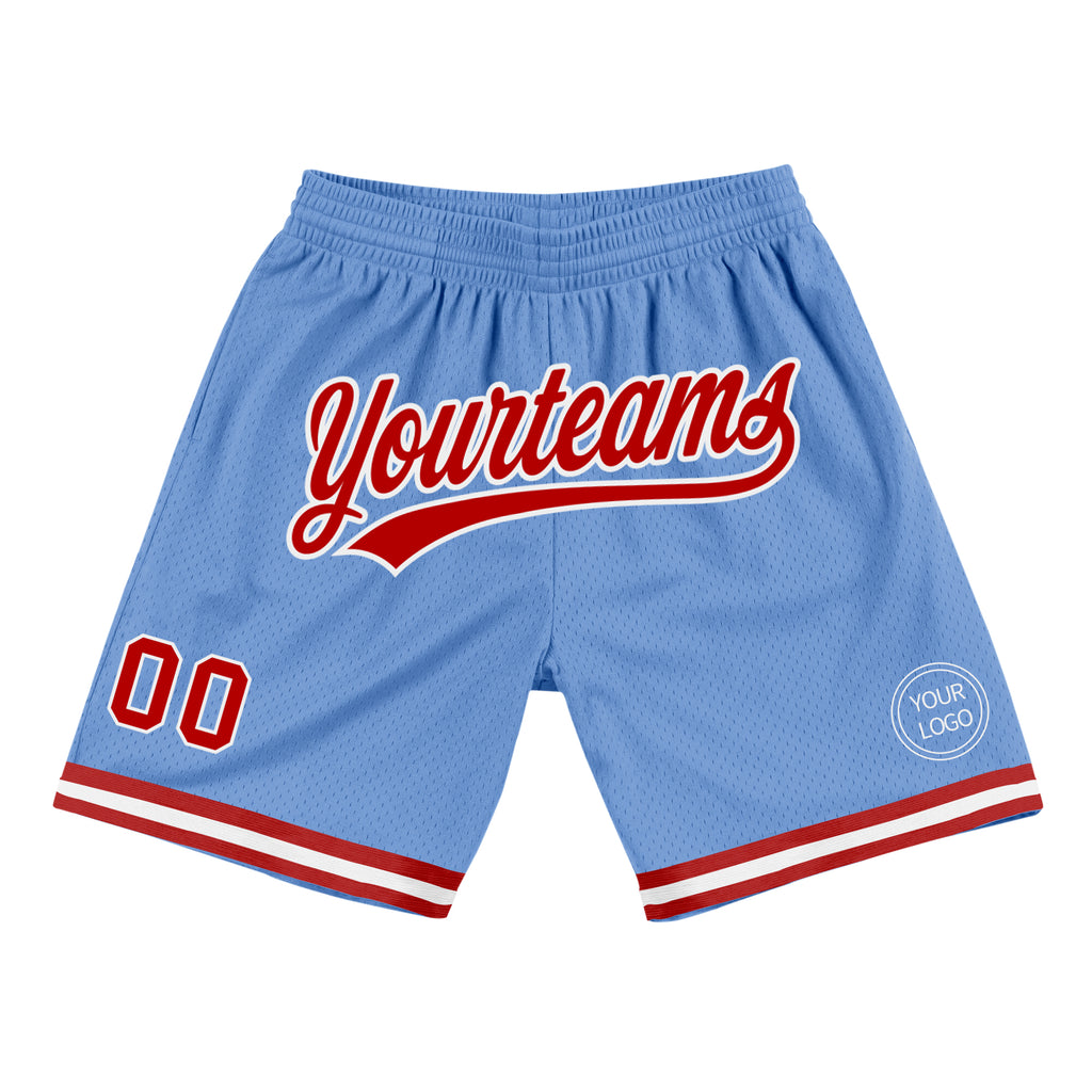 Custom Light Blue Red-White Authentic Throwback Basketball Shorts