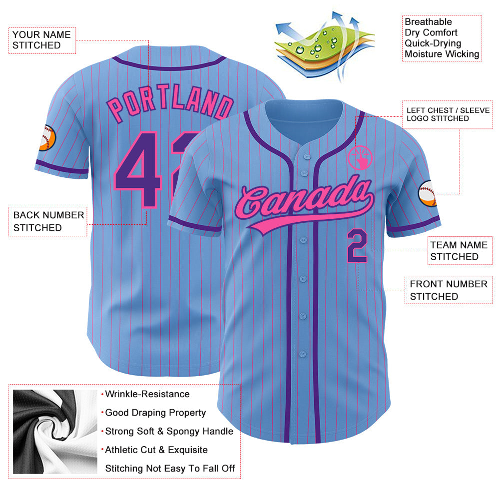 Custom Light Blue Pink Pinstripe Purple Authentic Baseball Jersey