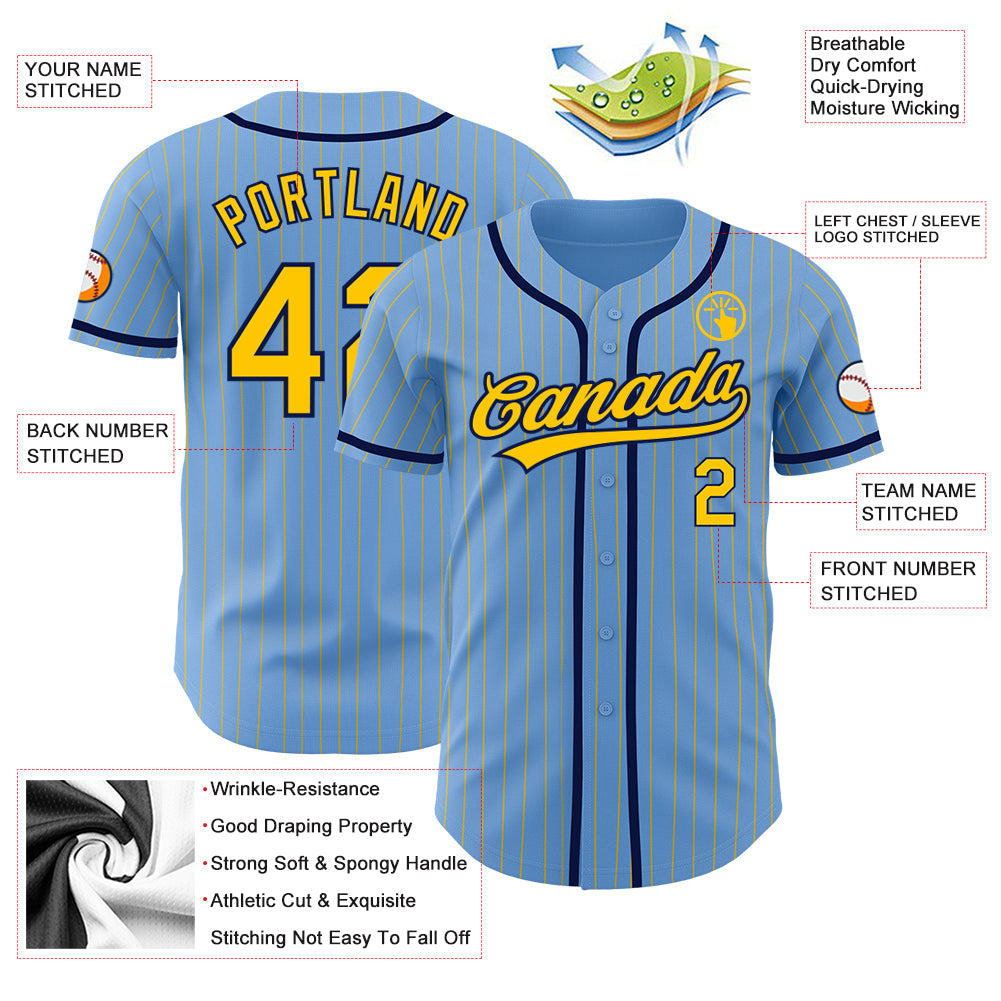 Custom Light Blue Yellow Pinstripe Navy Authentic Baseball Jersey