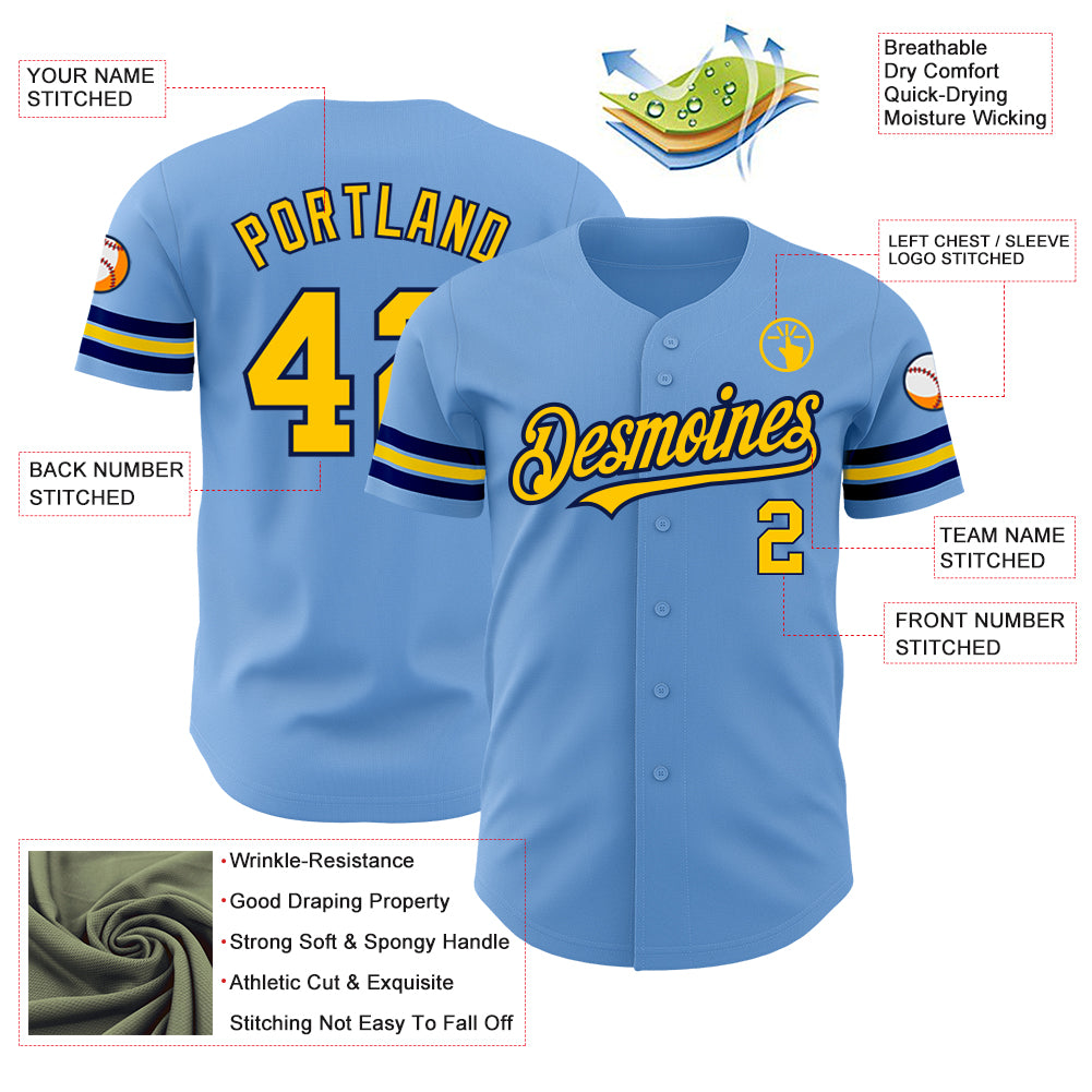 Custom Light Blue Yellow-Navy Authentic Baseball Jersey