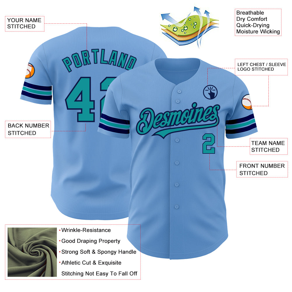 Custom Light Blue Teal-Navy Authentic Baseball Jersey