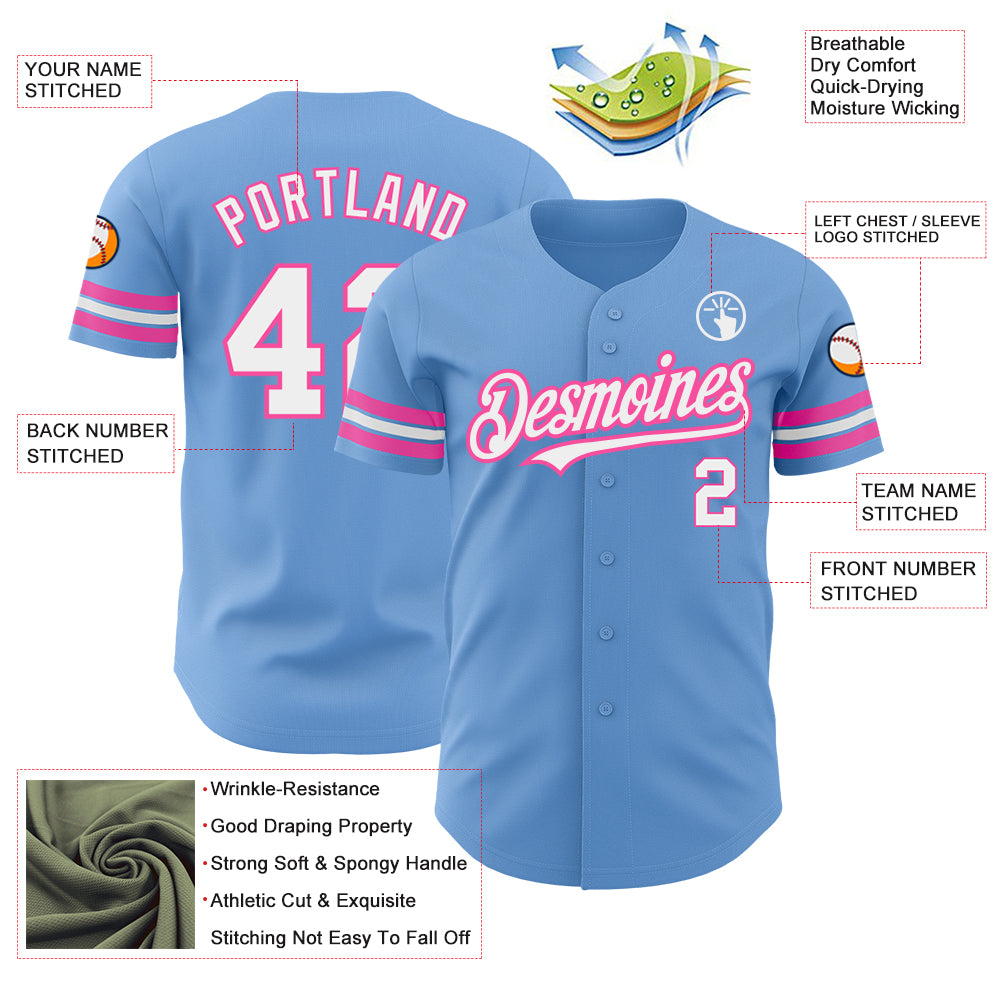 Custom Light Blue White-Pink Authentic Baseball Jersey