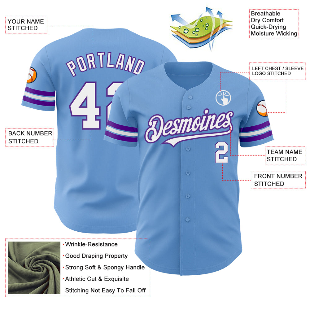 Custom Light Blue White-Purple Authentic Baseball Jersey