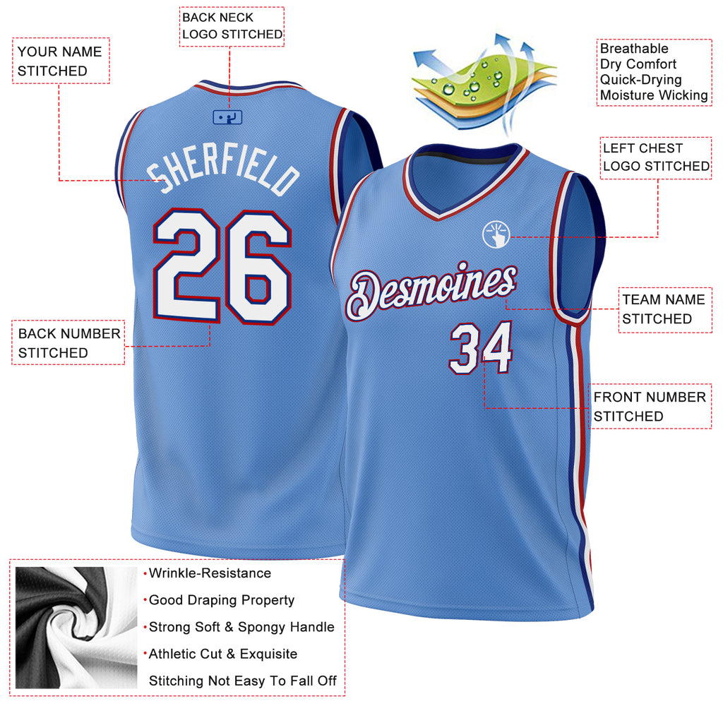 Custom Light Blue Royal-Red Authentic Throwback Basketball Jersey