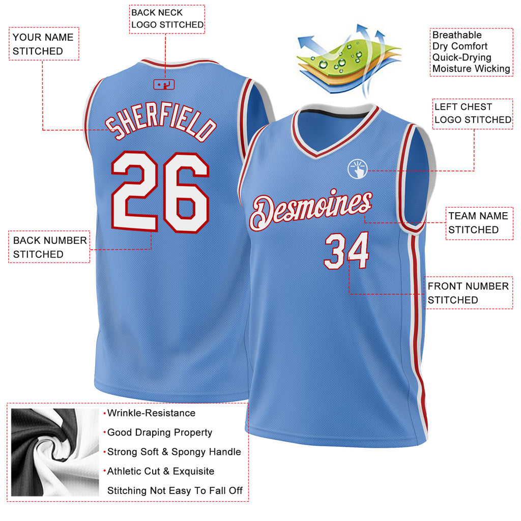 Custom Light Blue White-Red Authentic Throwback Basketball Jersey