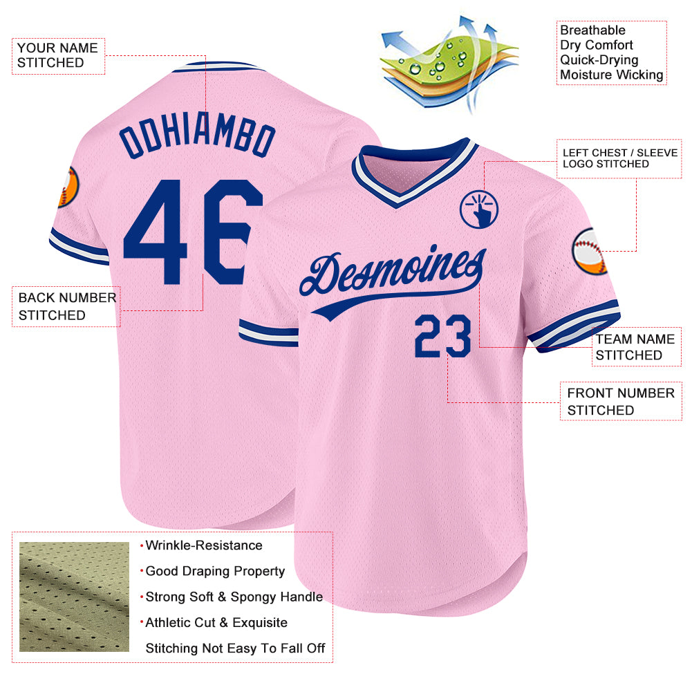 Custom Light Pink Royal-White Authentic Throwback Baseball Jersey