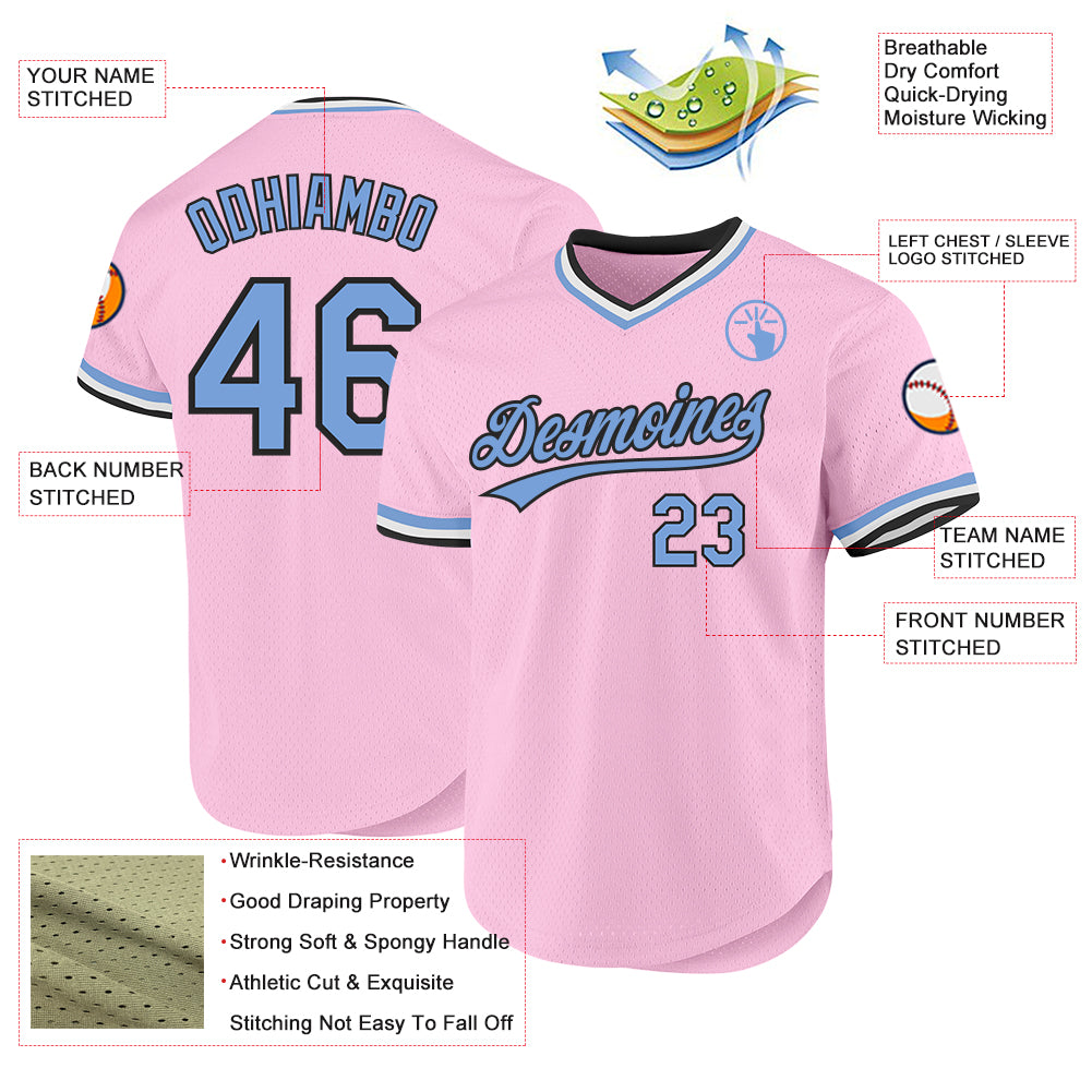 Custom Light Pink Light Blue-Black Authentic Throwback Baseball Jersey