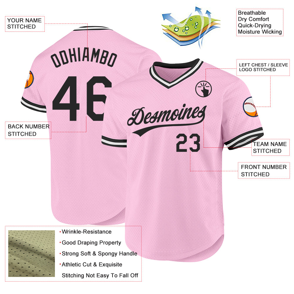 Custom Light Pink Black-White Authentic Throwback Baseball Jersey