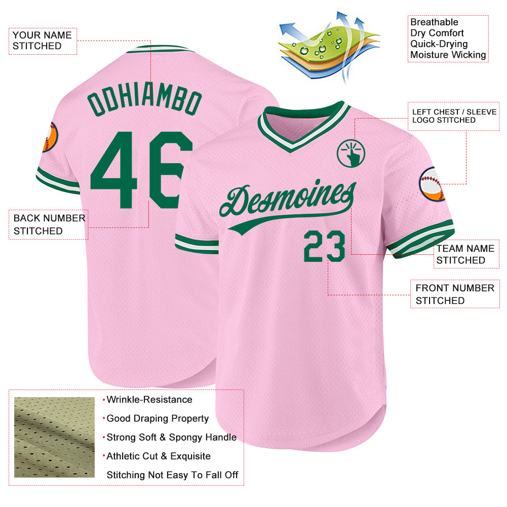 Custom Light Pink Kelly Green-White Authentic Throwback Baseball Jersey