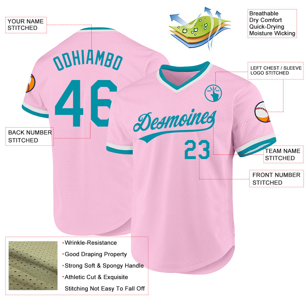 Custom Light Pink Teal-White Authentic Throwback Baseball Jersey