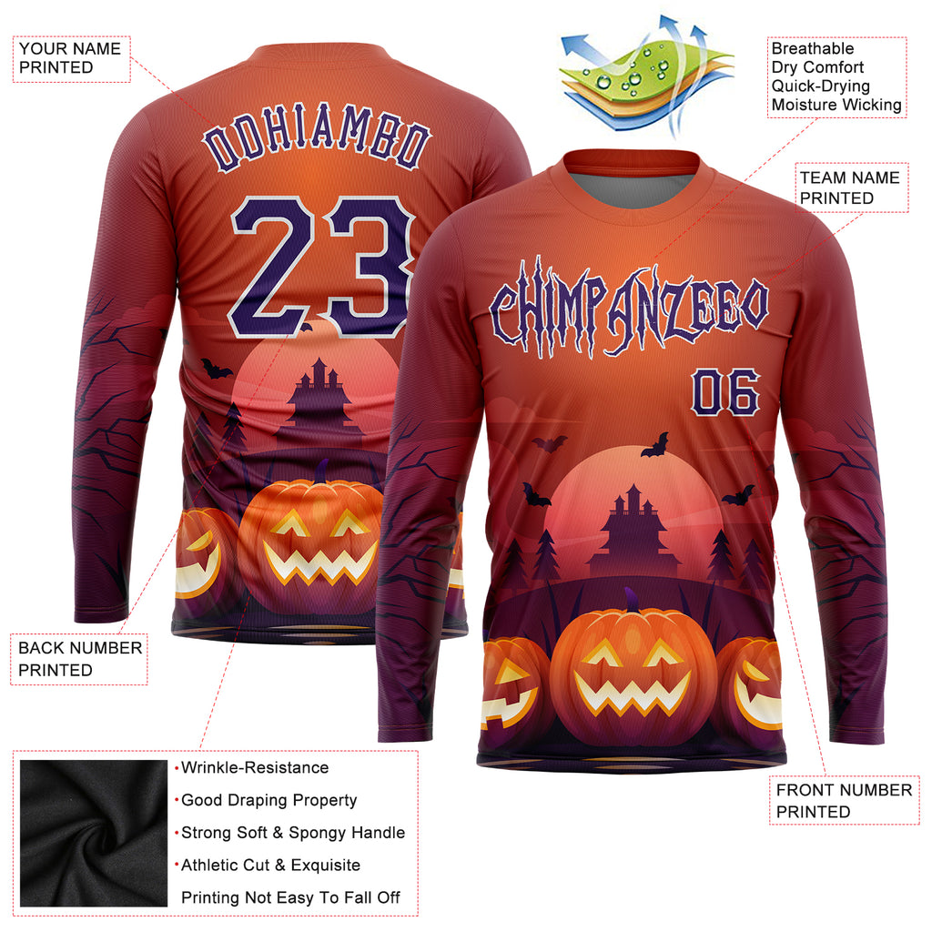 Custom 3D pattern Halloween pumpkins horror night long sleeve performance T-shirt with free shipping2