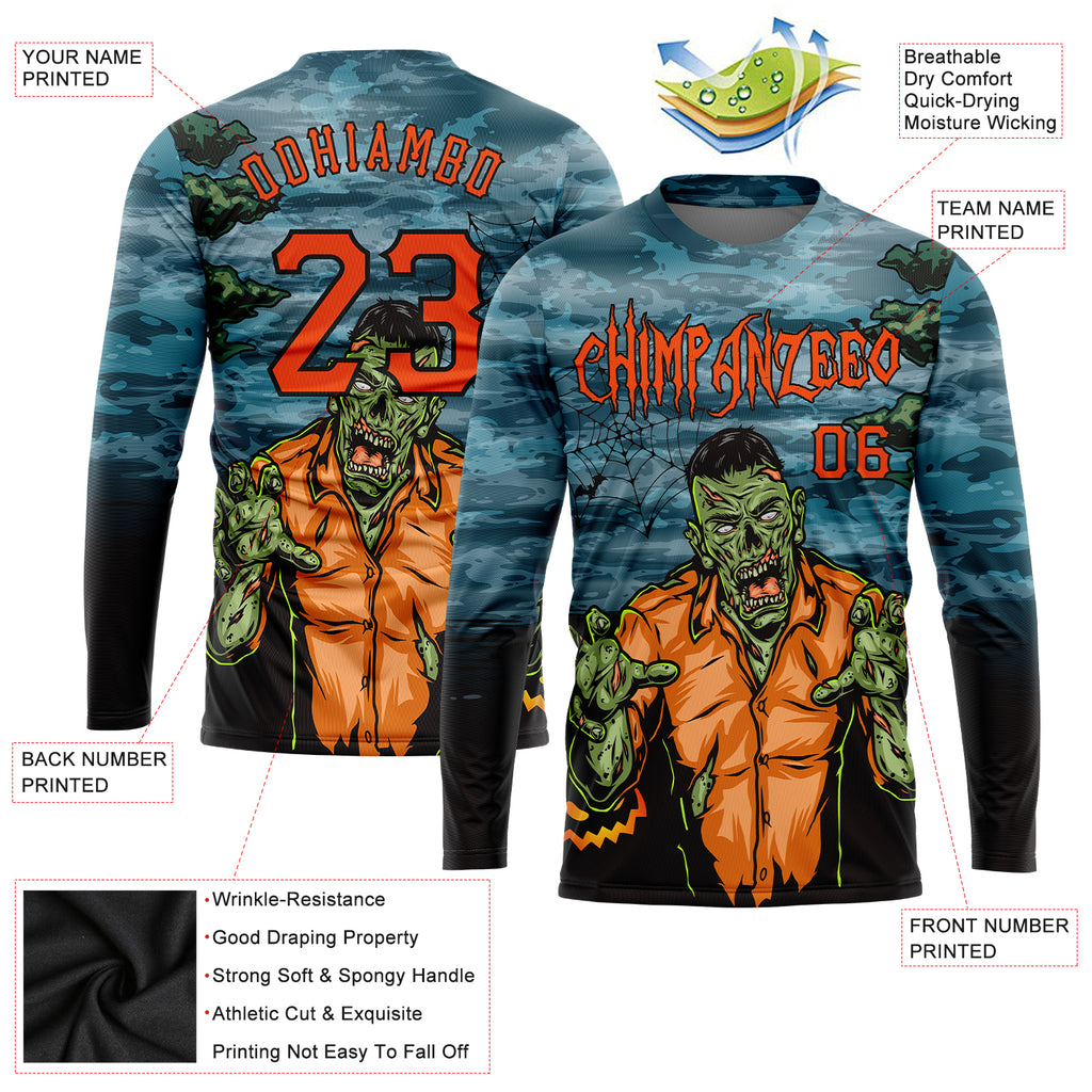 Custom 3D pattern Halloween trick treat horror night long sleeve performance T-shirt with free shipping1