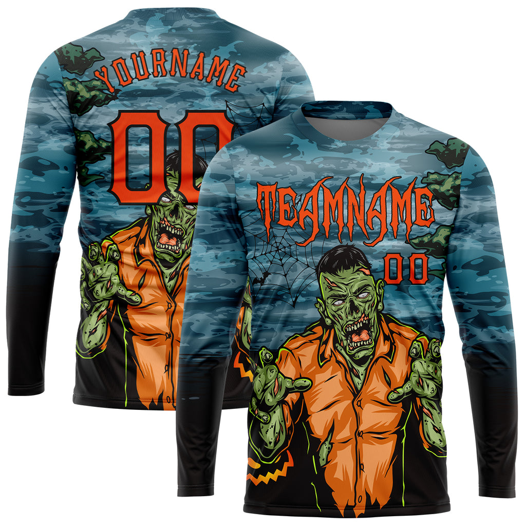 Custom 3D pattern Halloween trick treat horror night long sleeve performance T-shirt with free shipping0