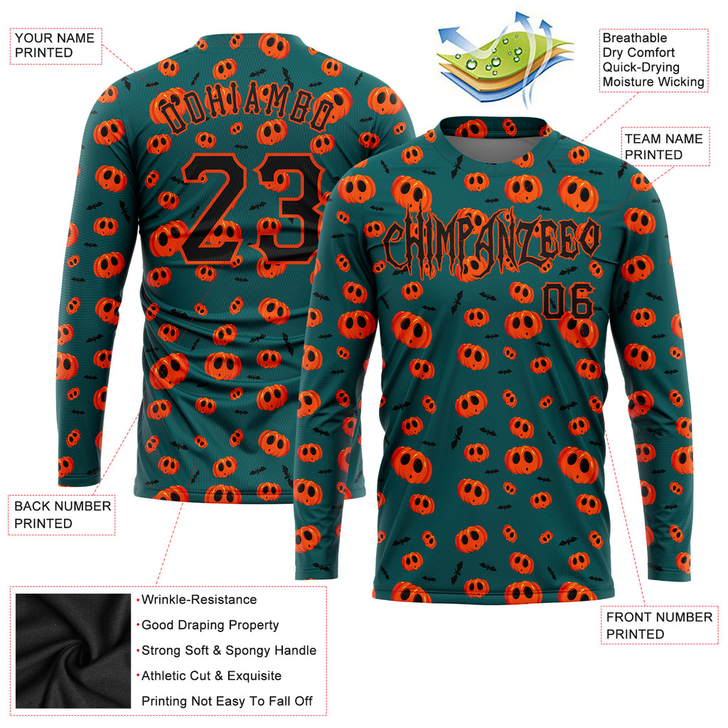Custom 3D pattern Halloween pumpkins long sleeve performance T-shirt with free shipping3