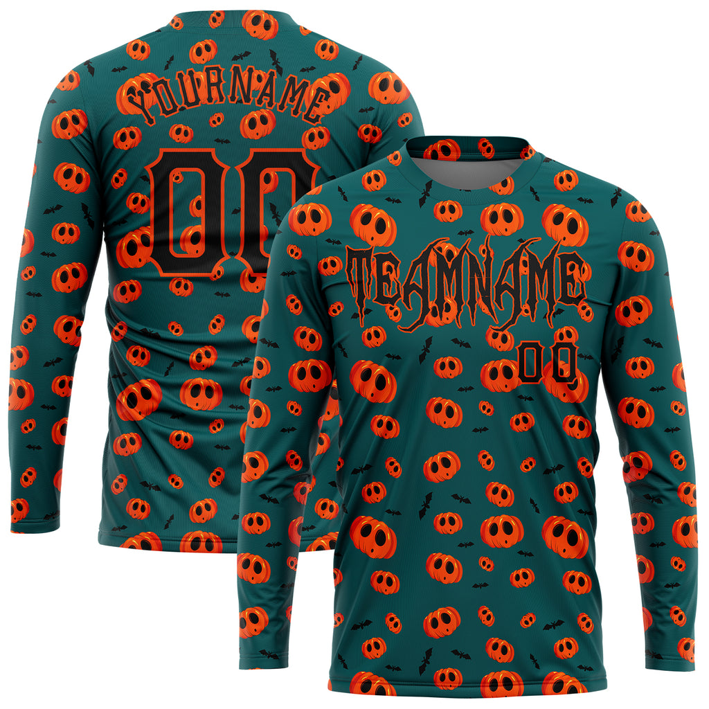 Custom 3D pattern Halloween pumpkins long sleeve performance T-shirt with free shipping2