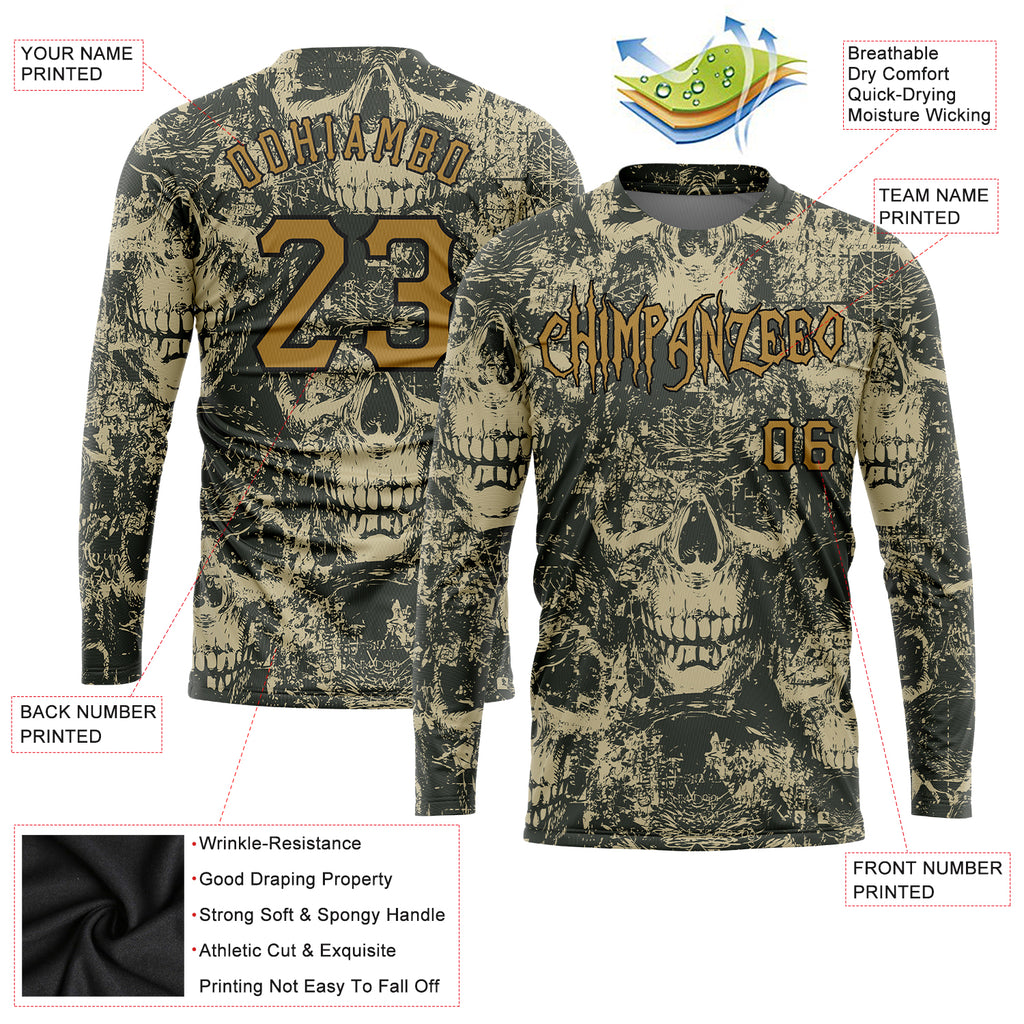 Custom 3D pattern Halloween skulls long sleeve performance t-shirt with free shipping1
