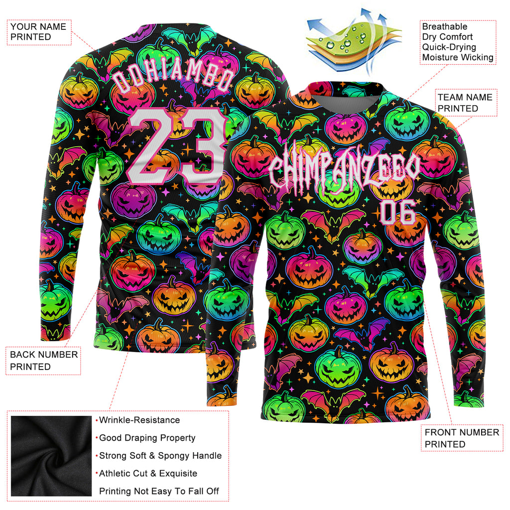 Custom 3D patterned long sleeve T-shirt with bright multicolored Halloween pumpkins and bats design, free shipping0