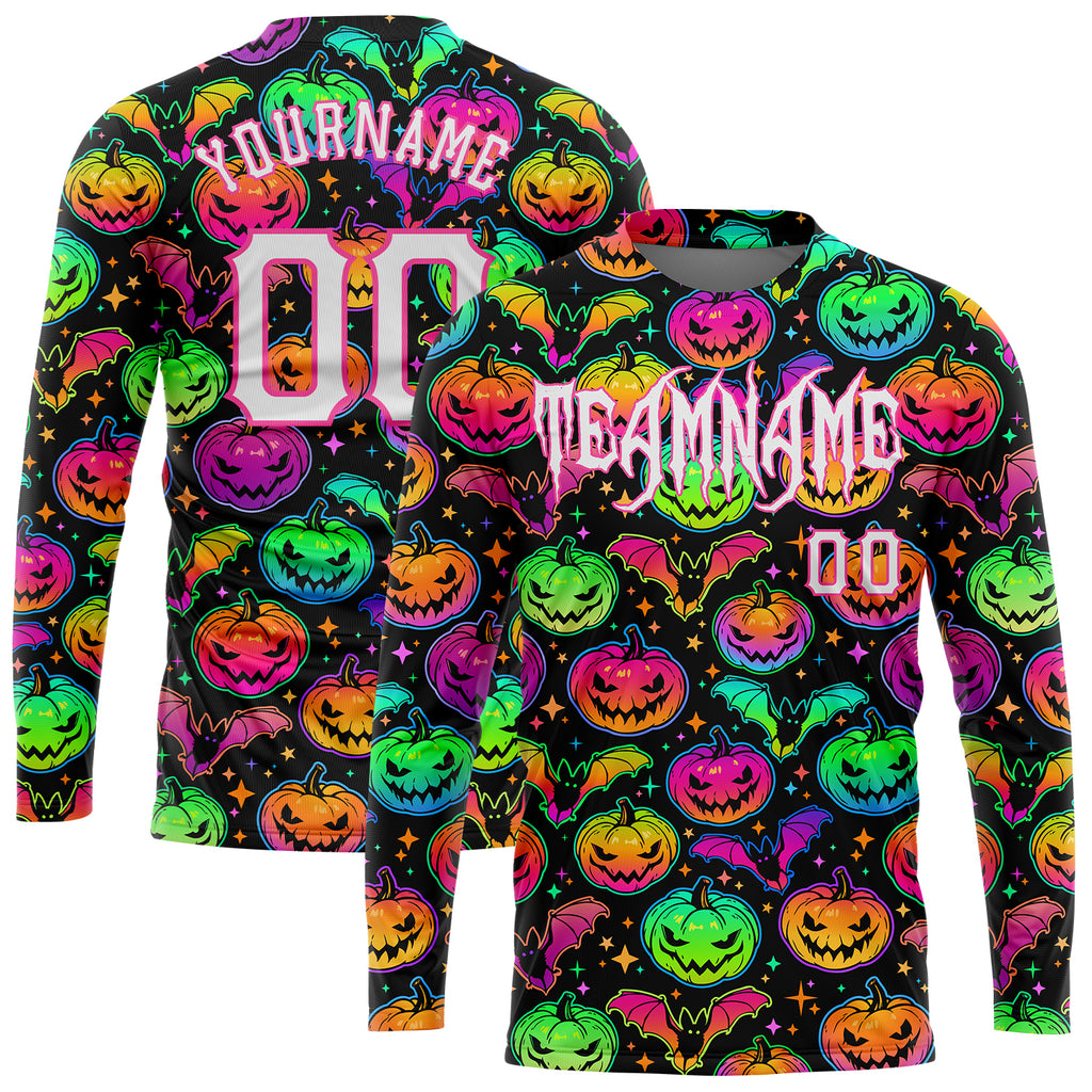 Custom 3D patterned long sleeve T-shirt with bright multicolored Halloween pumpkins and bats design, free shipping2