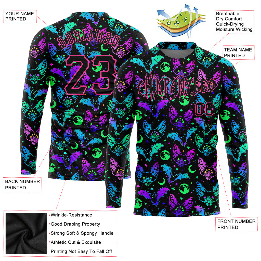 Custom 3D pattern bright multicolored Halloween bats long sleeve performance T-shirt with free shipping3