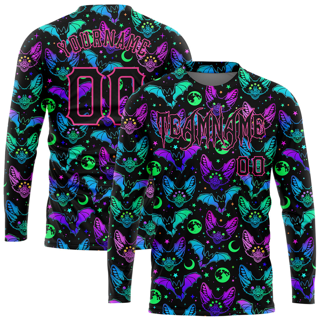 Custom 3D pattern bright multicolored Halloween bats long sleeve performance T-shirt with free shipping0