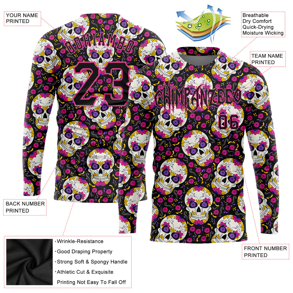 Custom 3D pattern Halloween skulls with floral design on a long sleeve performance t-shirt with free shipping0
