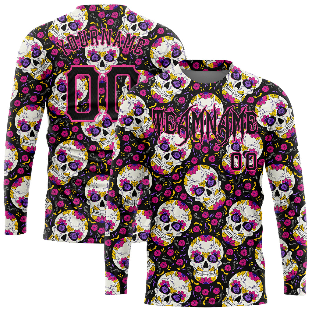 Custom 3D pattern Halloween skulls with floral design on a long sleeve performance t-shirt with free shipping1