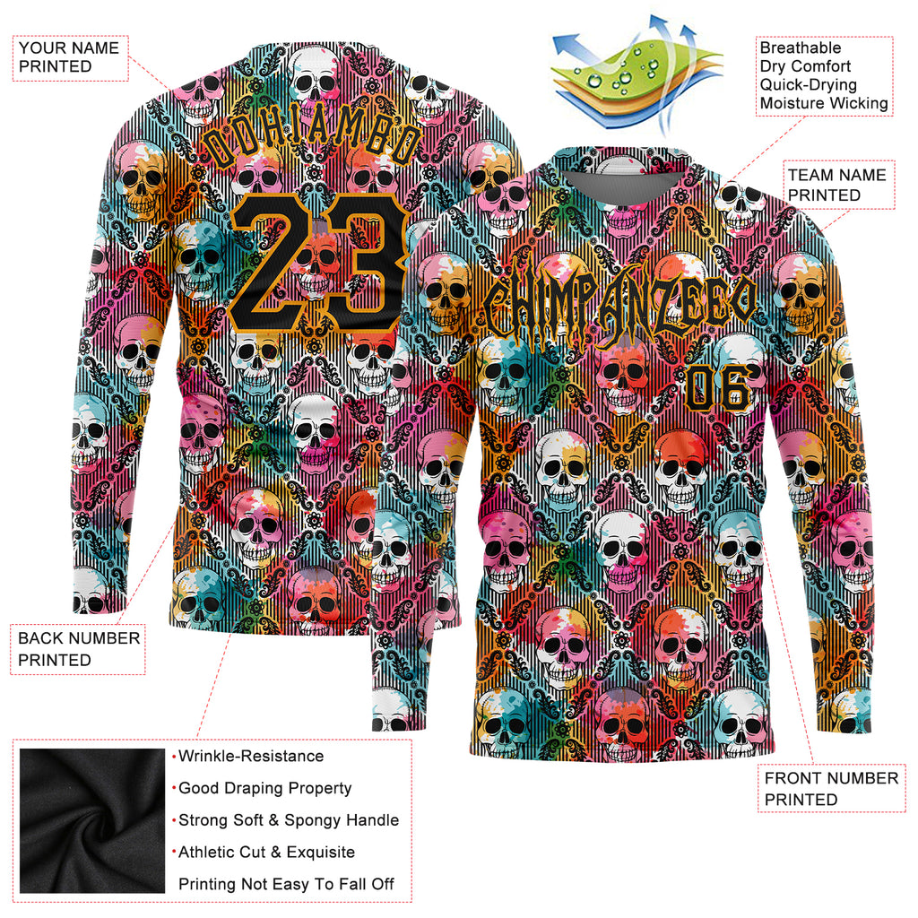 Custom 3D pattern Halloween skulls long sleeve performance t-shirt with free shipping2