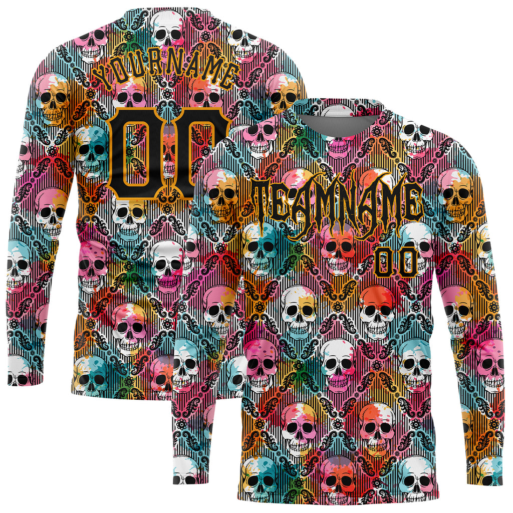 Custom 3D pattern Halloween skulls long sleeve performance t-shirt with free shipping0
