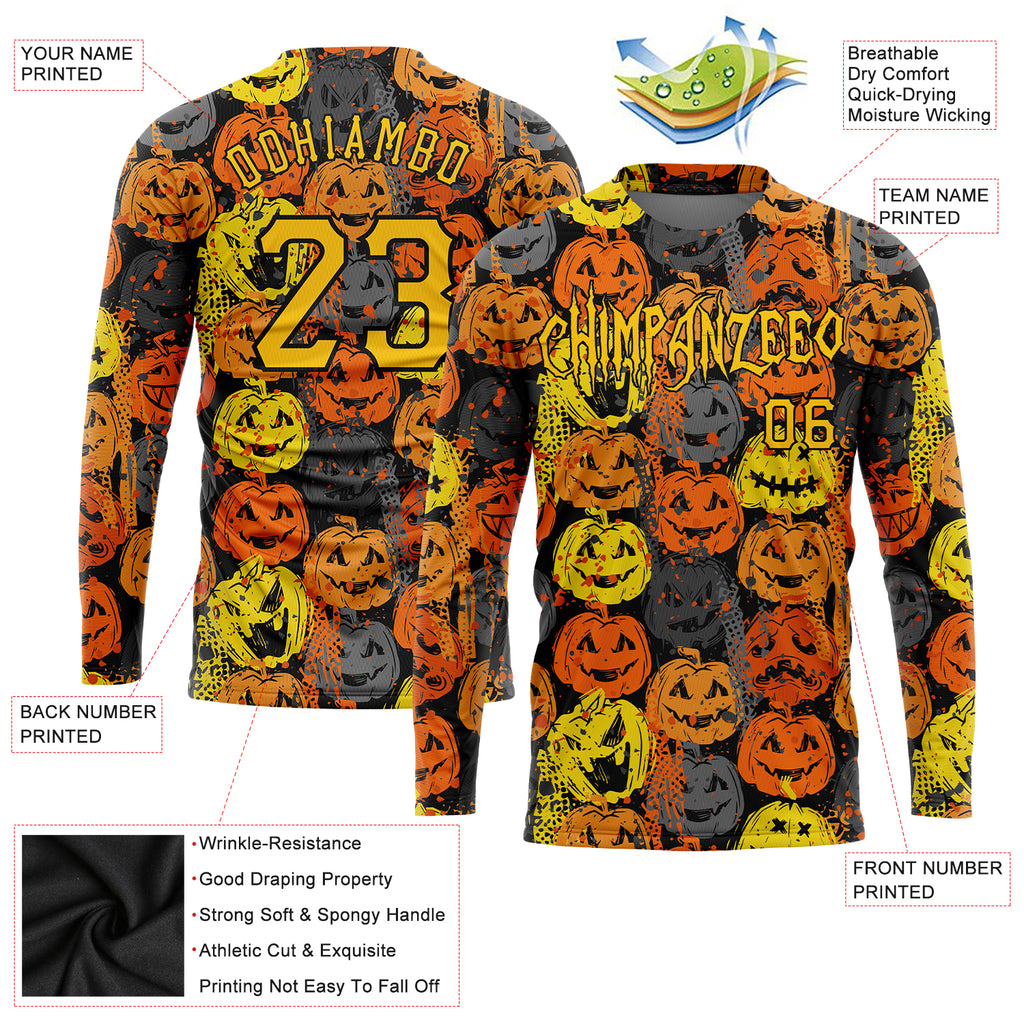 Custom 3D pattern Halloween pumpkins long sleeve performance T-shirt with free shipping2