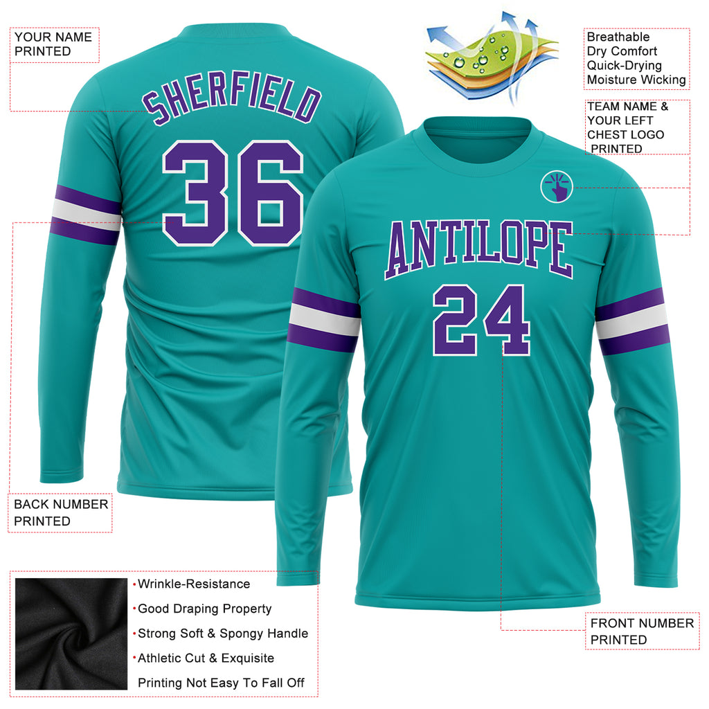 Custom aqua purple-white long sleeve performance t-shirt with free shipping3