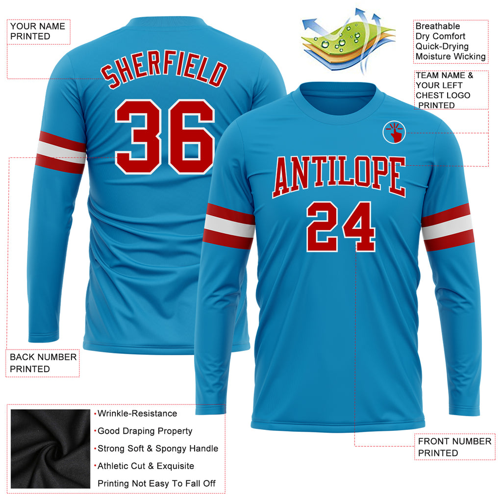 Custom Panther Blue Red-White Long Sleeve Performance T-Shirt
