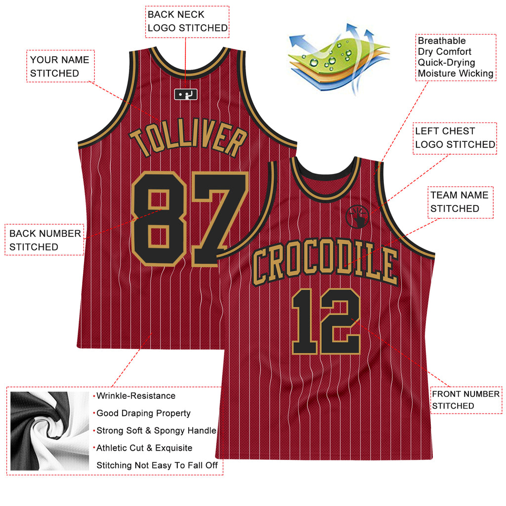 Custom Maroon White Pinstripe Black-Old Gold Authentic Basketball Jersey