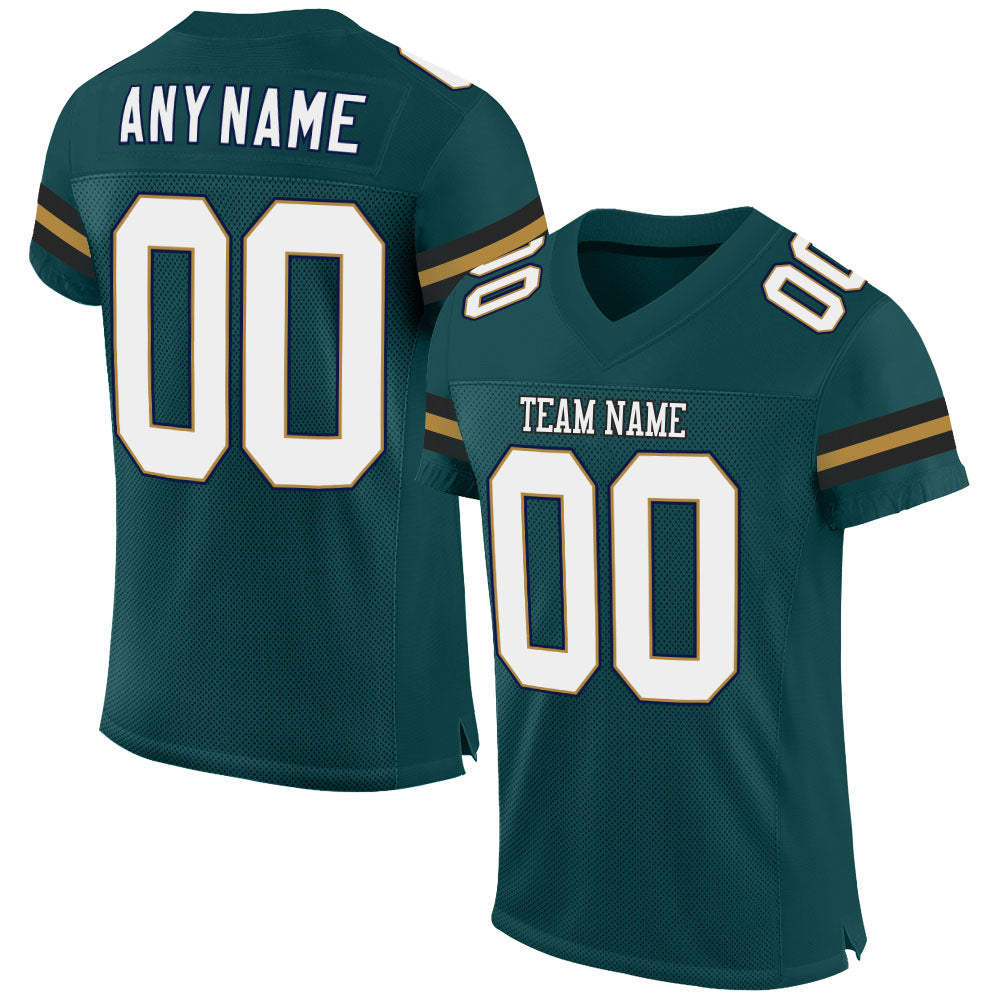 Custom Midnight Green White-Old Gold Mesh Authentic Football Jersey